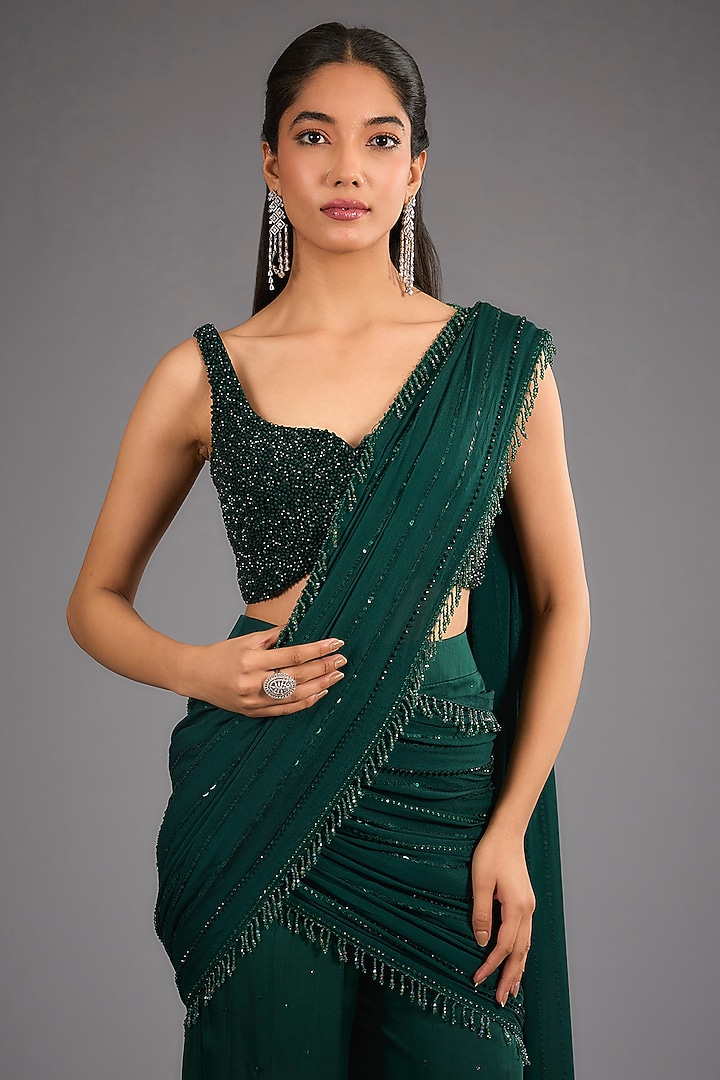 Bottle Green Georgette Draped Sharara Reception Saree Set by Sawan Gandhi at Pernia's Pop Up Shop