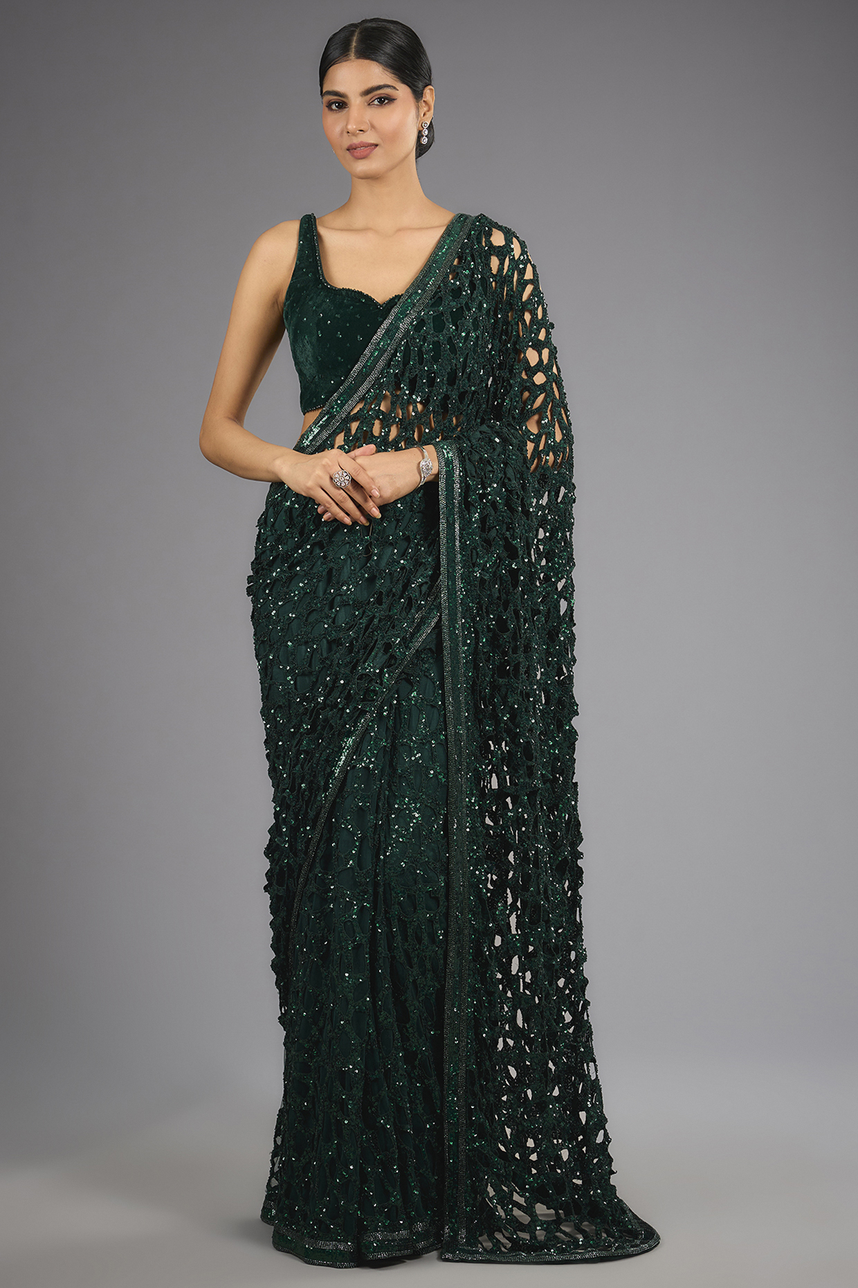 Bottle Green Georgette Cutwork Sequins Bridal Saree Set by Sawan Gandhi at Pernia's Pop Up Shop