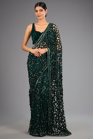 Bottle Green Georgette Cutwork Sequins Saree Set by Sawan Gandhi