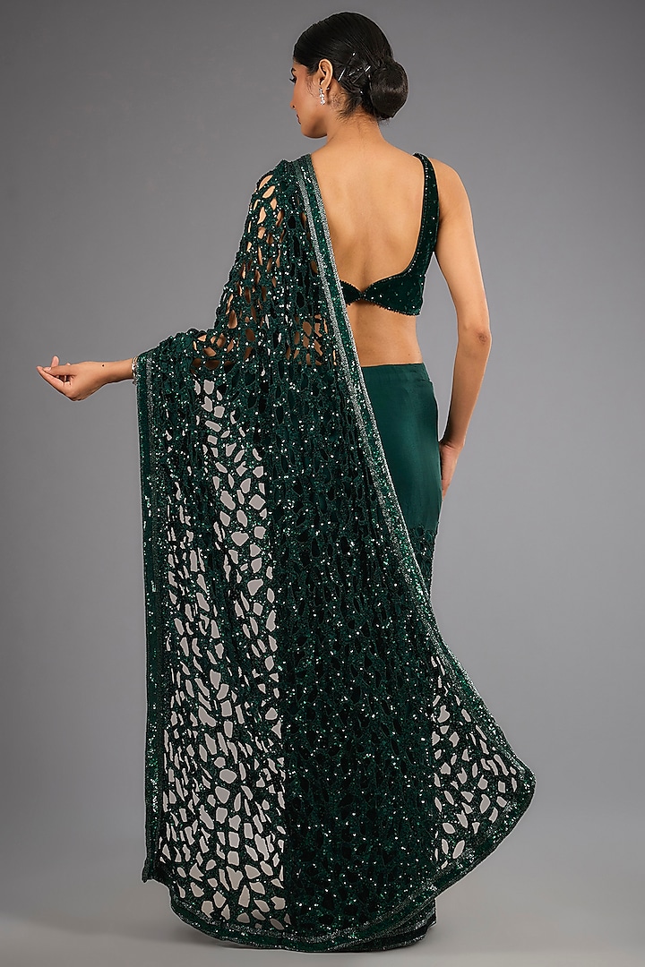 Bottle Green Georgette Cutwork Sequins Bridal Saree Set by Sawan Gandhi at Pernia's Pop Up Shop