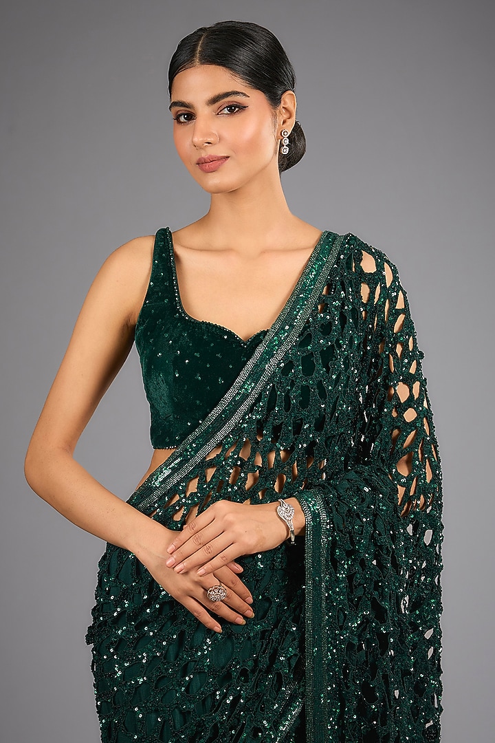 Bottle Green Georgette Cutwork Sequins Bridal Saree Set by Sawan Gandhi at Pernia's Pop Up Shop