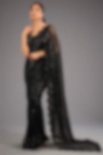 Black Organza Cutdana & Sequins Embellished Bridal Saree Set by Sawan Gandhi at Pernia's Pop Up Shop