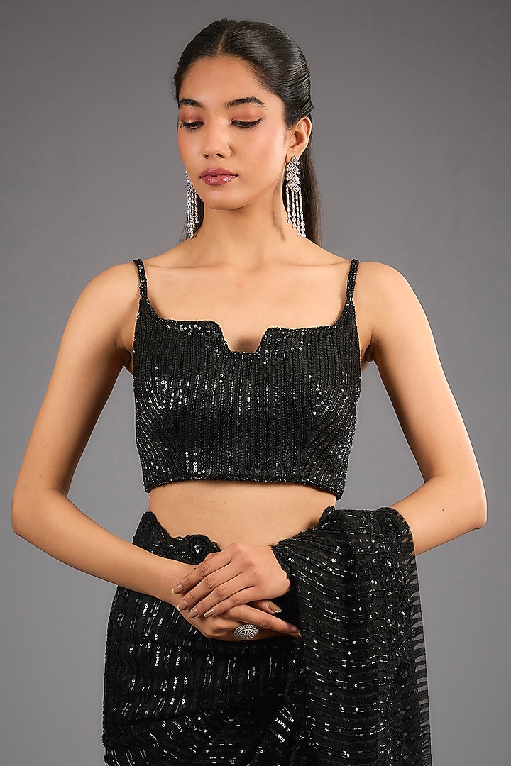 Black Organza Cutdana & Sequins Embellished Bridal Saree Set by Sawan Gandhi at Pernia's Pop Up Shop