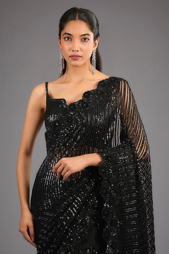 Black Organza Cutdana & Sequins Embellished Bridal Saree Set by Sawan Gandhi at Pernia's Pop Up Shop