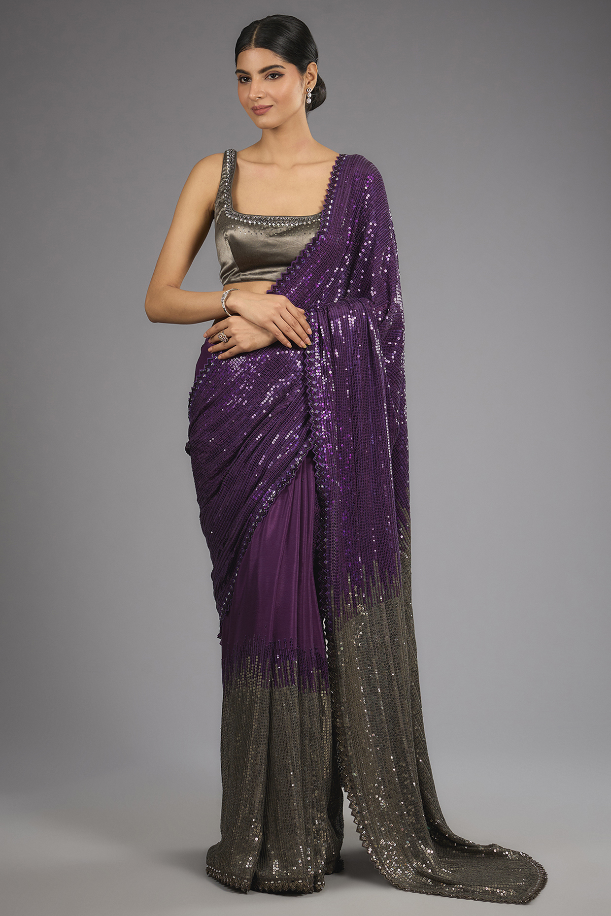 Wine & Grey Georgette Sequins Ombre Bridal Saree Set by Sawan Gandhi at Pernia's Pop Up Shop
