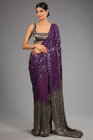 Wine & Grey Georgette Sequins Ombre Saree Set by Sawan Gandhi