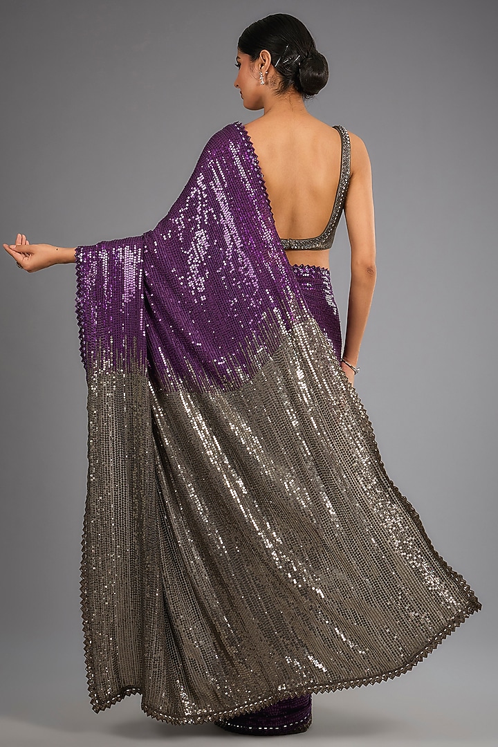 Wine & Grey Georgette Sequins Ombre Bridal Saree Set by Sawan Gandhi at Pernia's Pop Up Shop