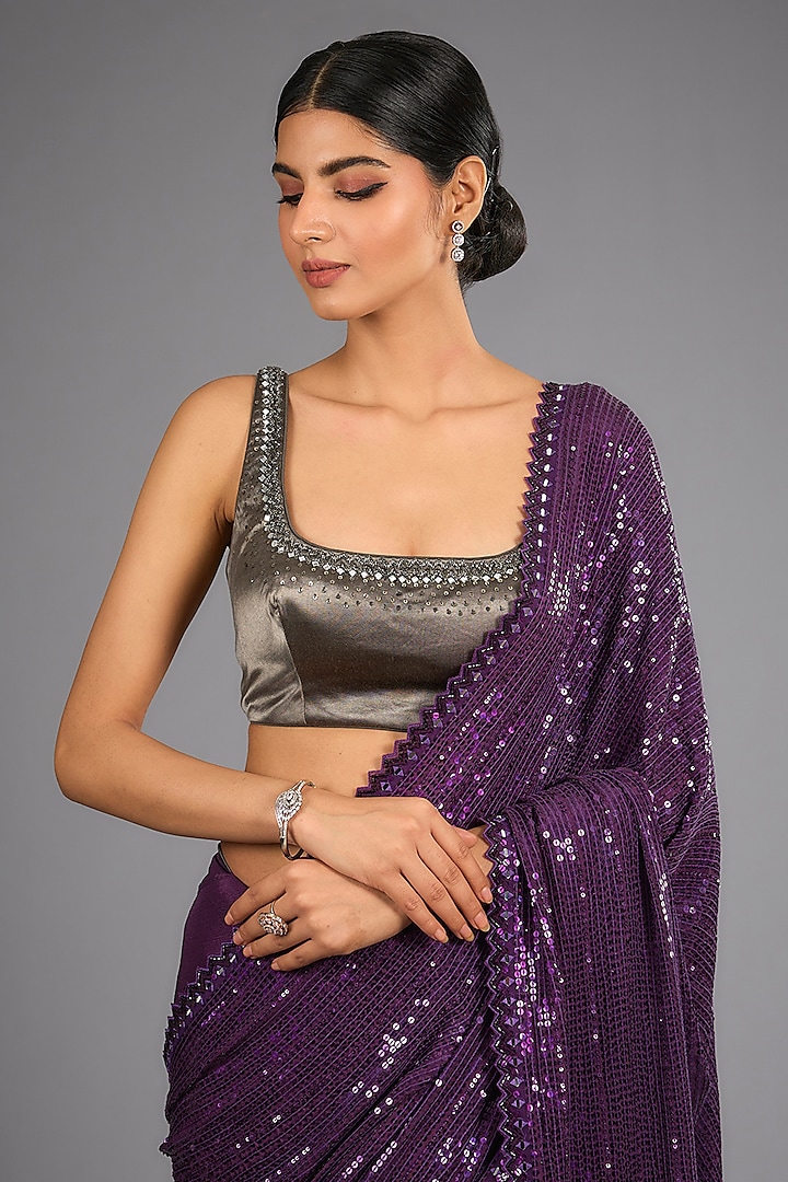 Wine & Grey Georgette Sequins Ombre Bridal Saree Set by Sawan Gandhi at Pernia's Pop Up Shop