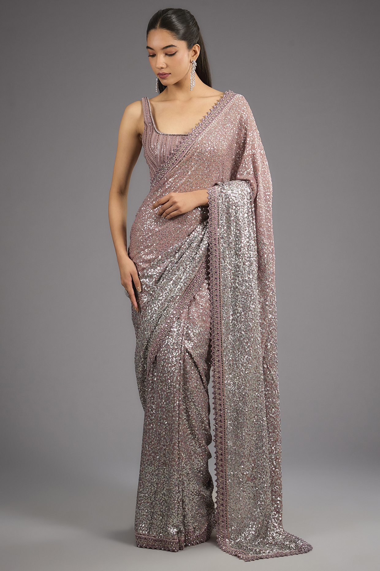 Mauve Georgette Sequins Work Saree Set by Sawan Gandhi at Pernia's Pop Up Shop
