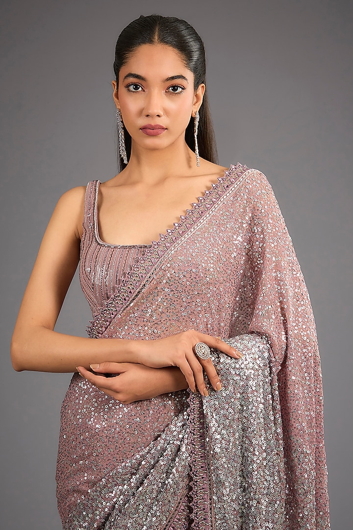 Mauve Georgette Sequins Work Reception Saree Set by Sawan Gandhi at Pernia's Pop Up Shop