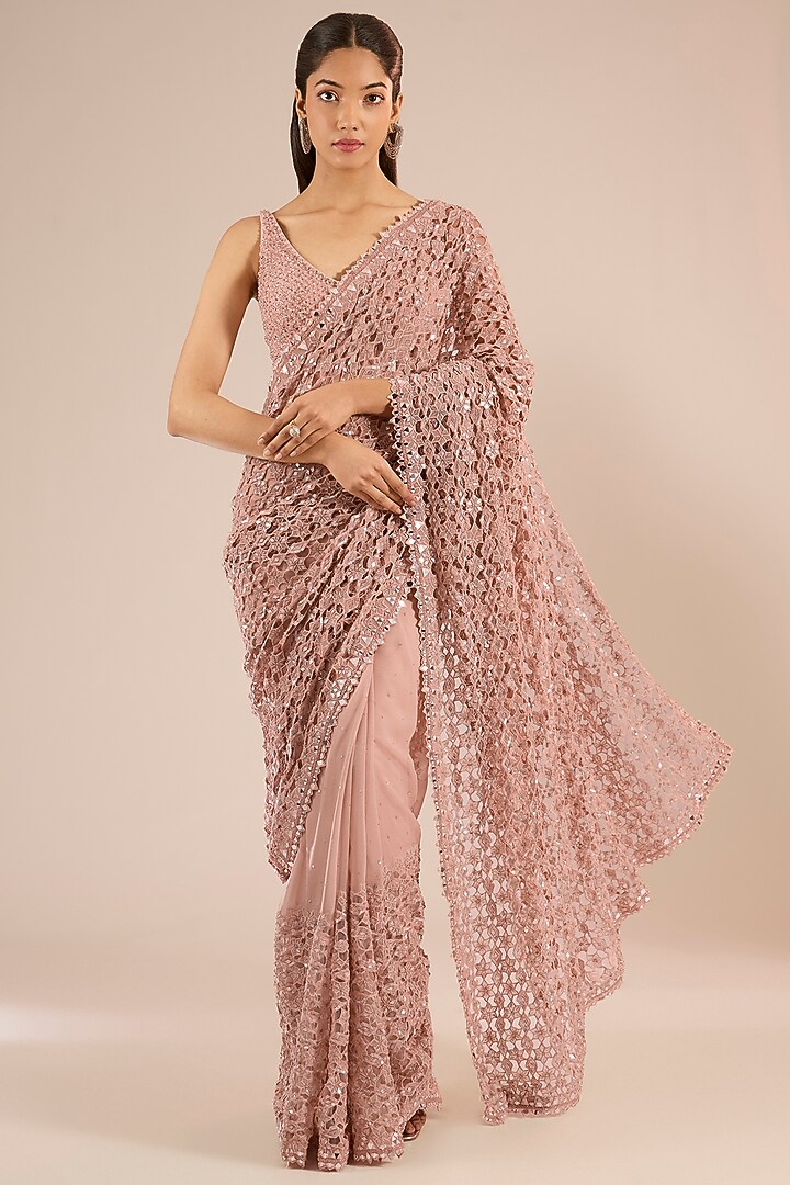 Blush Pink Georgette Cutwork Embroidered Bridal Saree Set by Sawan Gandhi at Pernia's Pop Up Shop
