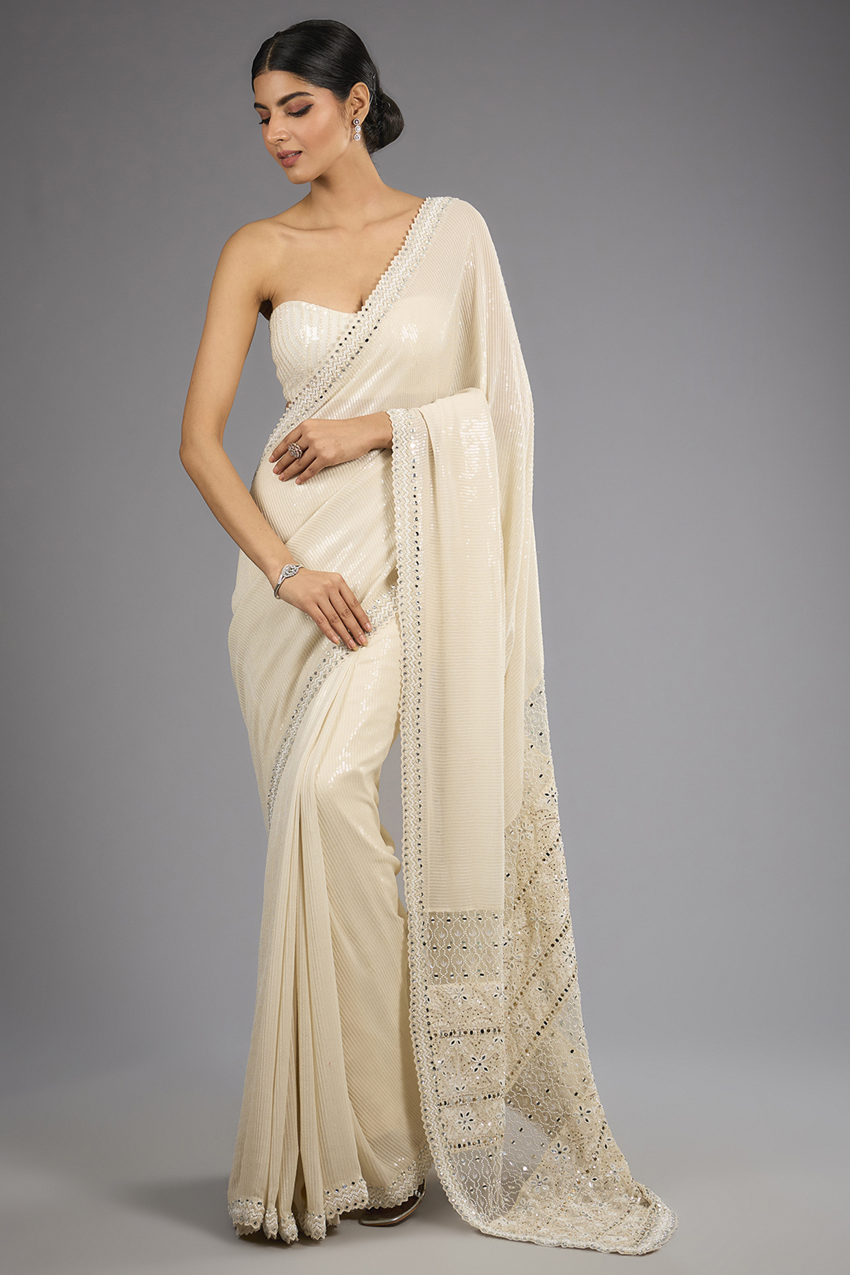 Ivory Georgette Chikankari Work Sequins Reception Saree Set by Sawan Gandhi at Pernia's Pop Up Shop