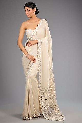 Ivory Georgette Chikankari Work Sequins Saree Set by Sawan Gandhi