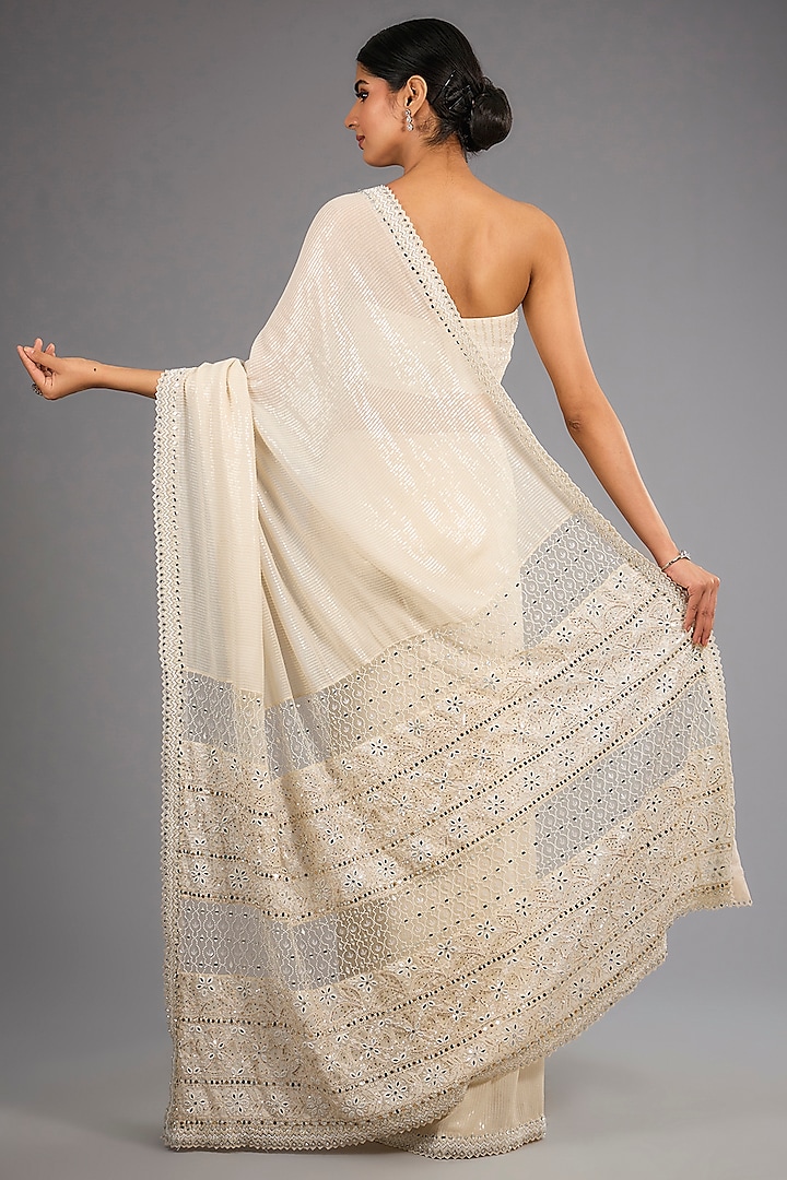 Ivory Georgette Chikankari Work Sequins Reception Saree Set by Sawan Gandhi at Pernia's Pop Up Shop