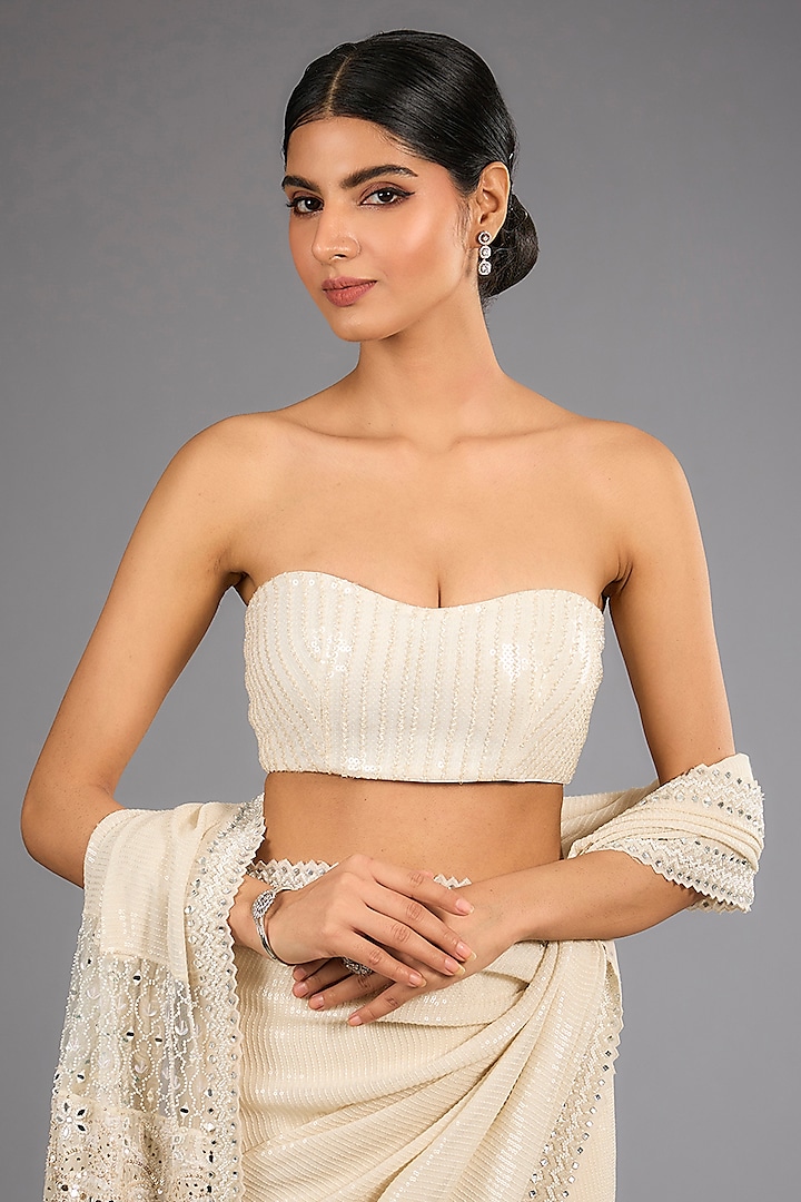 Ivory Georgette Chikankari Work Sequins Reception Saree Set by Sawan Gandhi at Pernia's Pop Up Shop