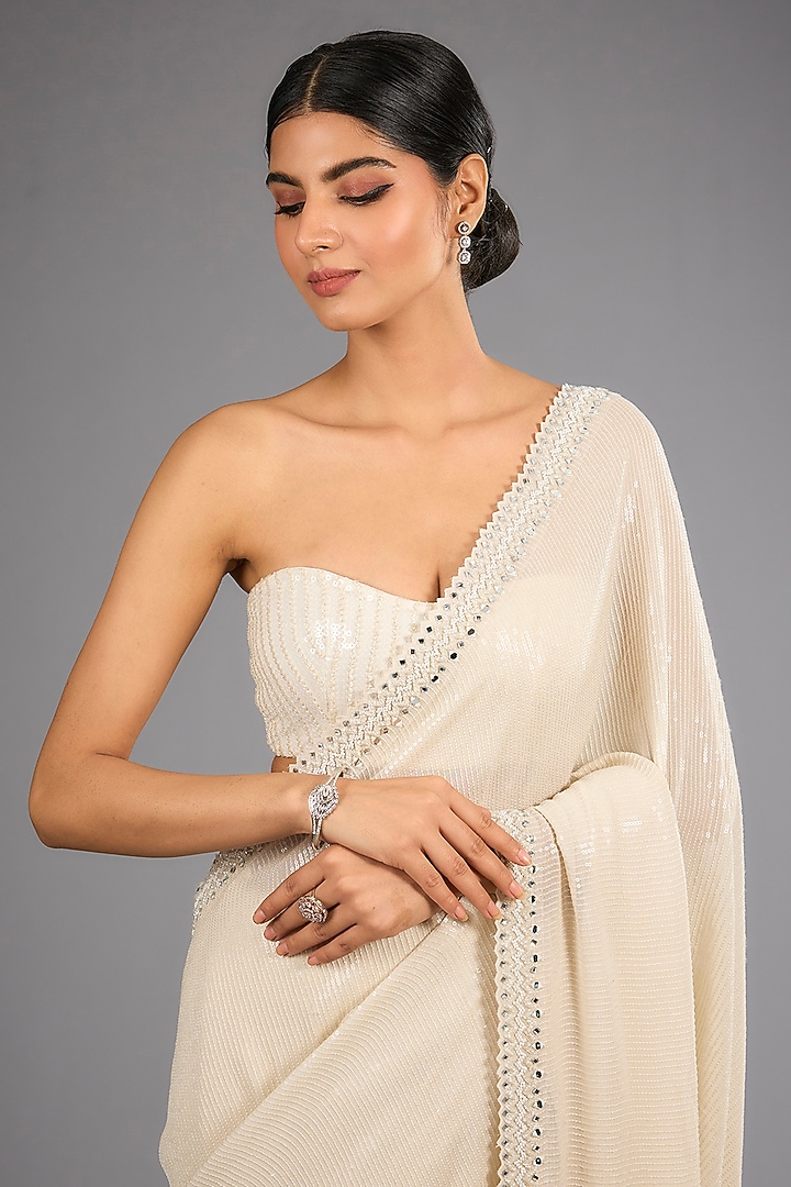 Ivory Georgette Chikankari Work Sequins Reception Saree Set by Sawan Gandhi at Pernia's Pop Up Shop