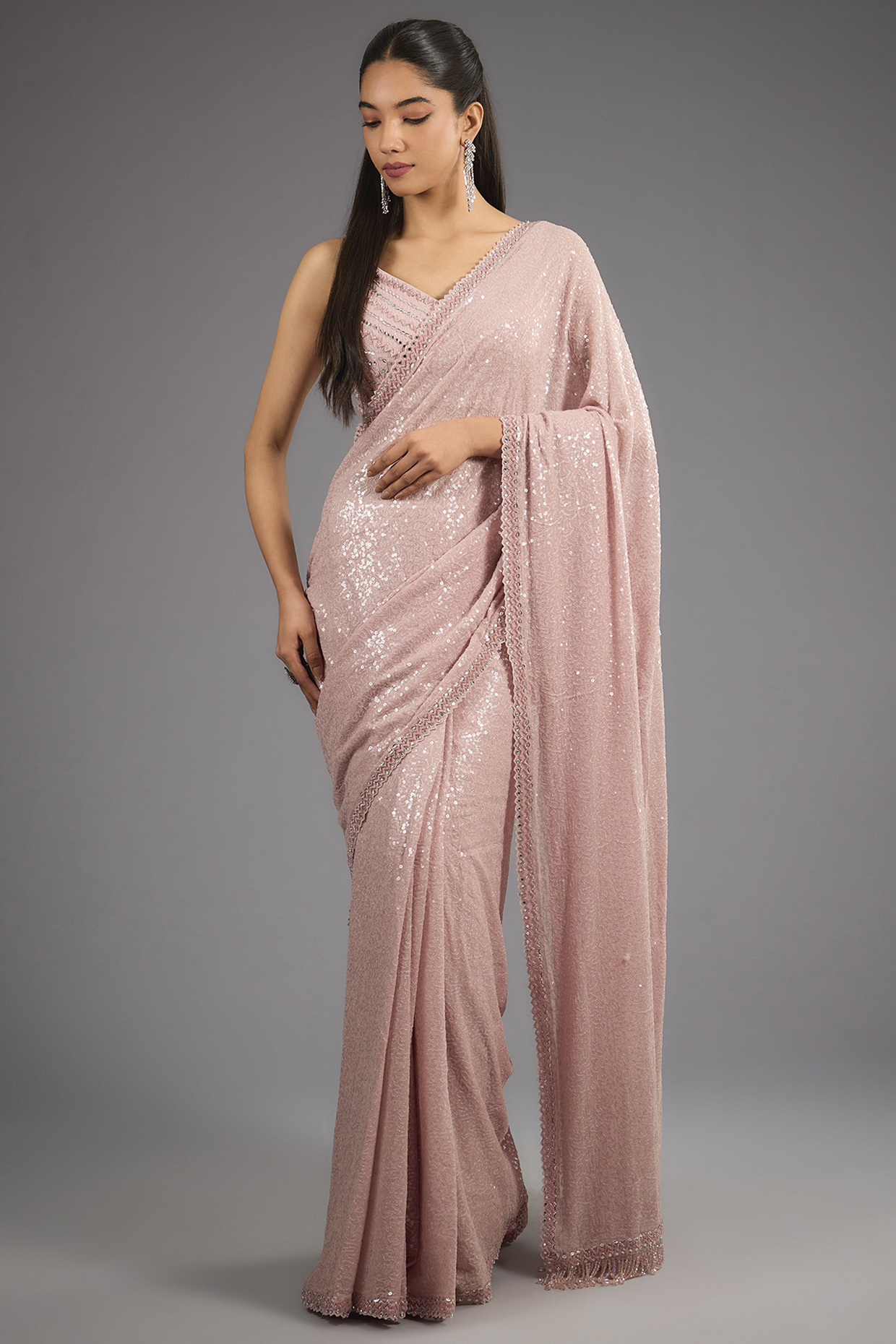 Blush Pink Georgette Sequins Reception Saree Set by Sawan Gandhi at Pernia's Pop Up Shop