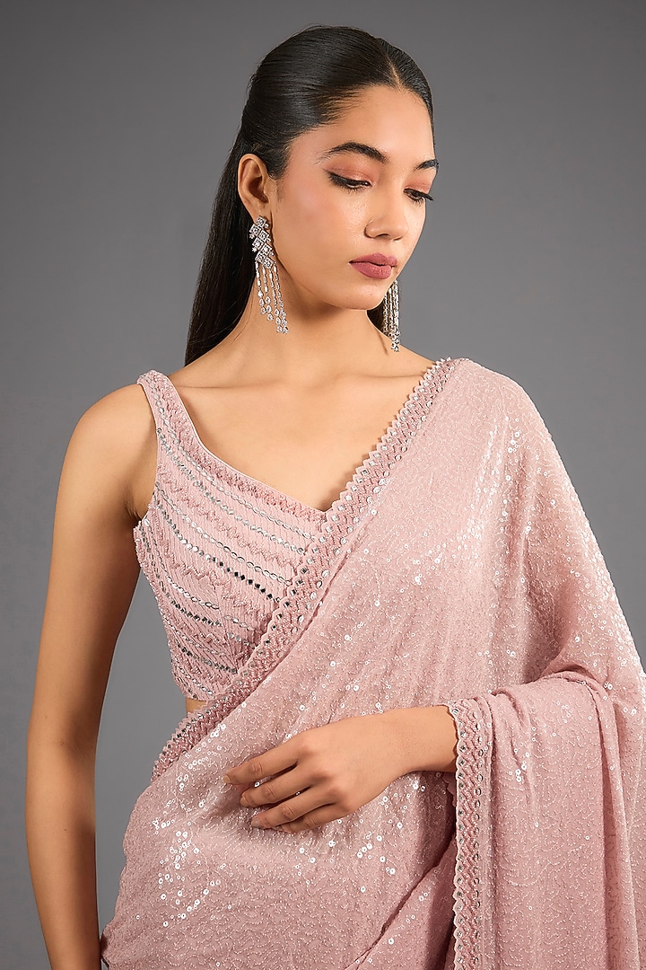 Blush Pink Georgette Sequins Reception Saree Set by Sawan Gandhi at Pernia's Pop Up Shop
