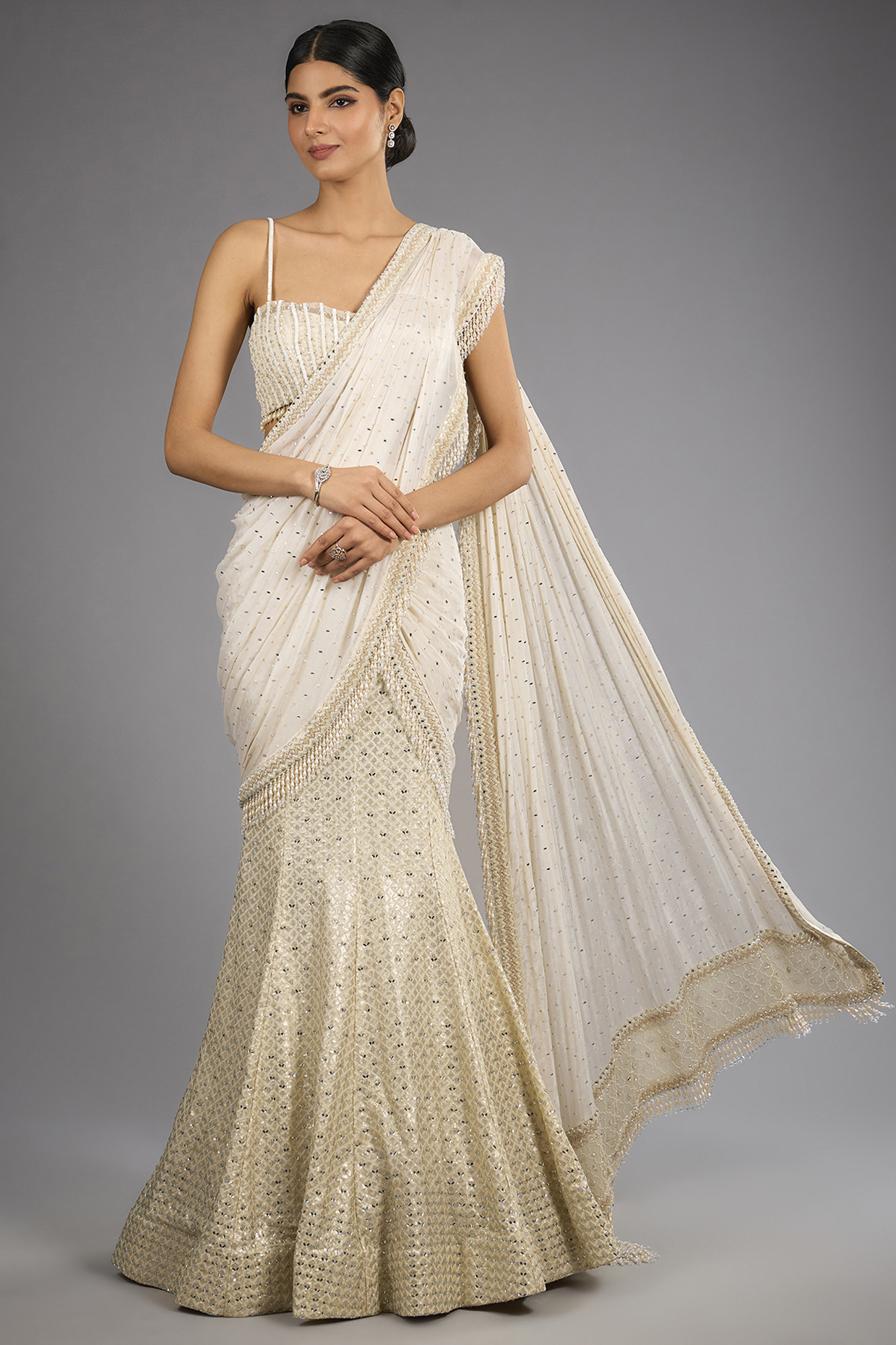 Ivory Georgette Mirror Work Draped Skirt Bridal Saree Set by Sawan Gandhi at Pernia's Pop Up Shop