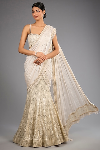 Ivory Georgette Mirror Work Draped Skirt Saree Set by Sawan Gandhi