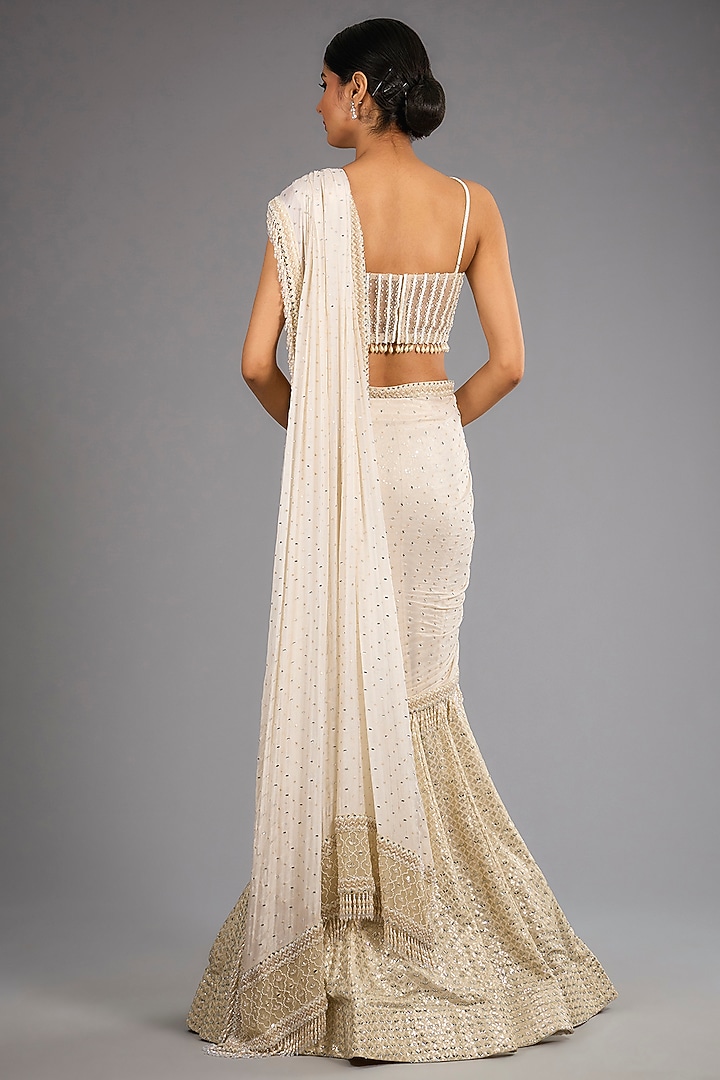 Ivory Georgette Mirror Work Draped Skirt Bridal Saree Set by Sawan Gandhi at Pernia's Pop Up Shop