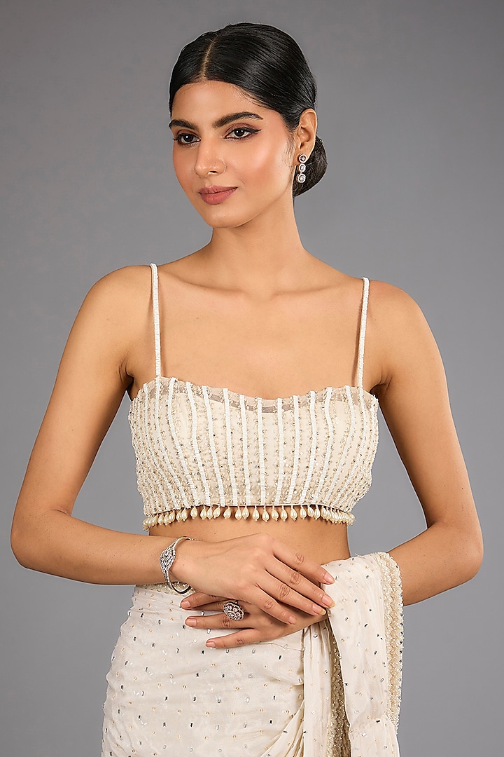Ivory Georgette Mirror Work Draped Skirt Bridal Saree Set by Sawan Gandhi at Pernia's Pop Up Shop