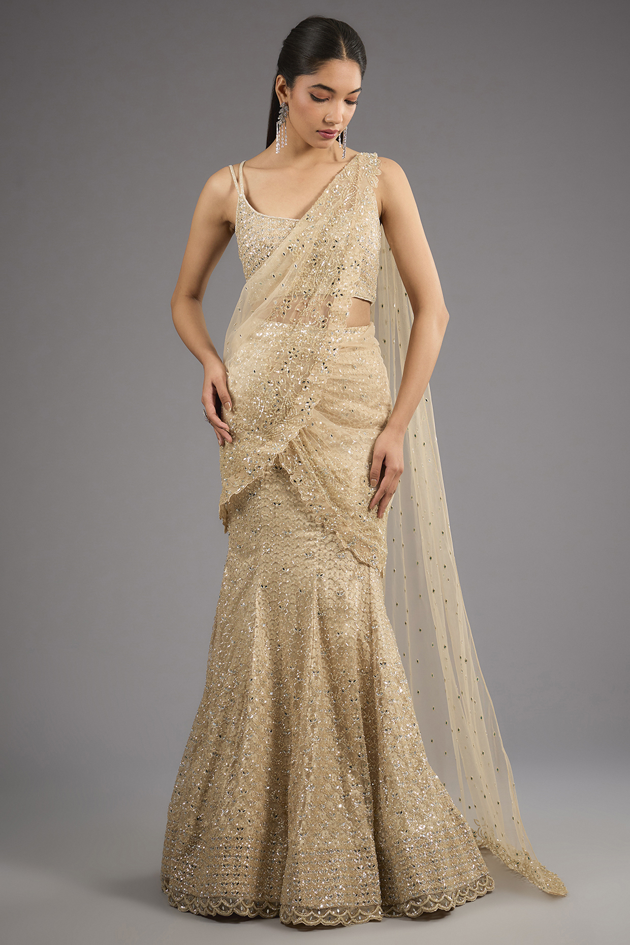 Beige Gold Georgette Sequins Embroidered Fish-Cut Draped Skirt Saree Set by Sawan Gandhi at Pernia's Pop Up Shop