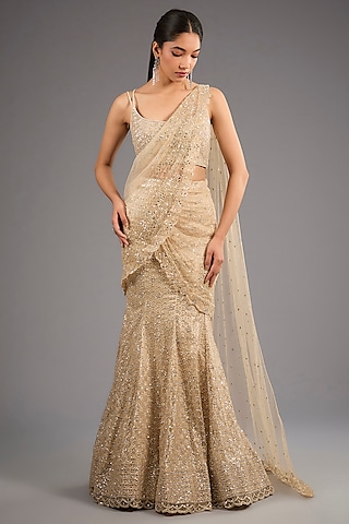 Beige Gold Georgette Sequins Embroidered Fish-Cut Draped Skirt Saree Set by Sawan Gandhi