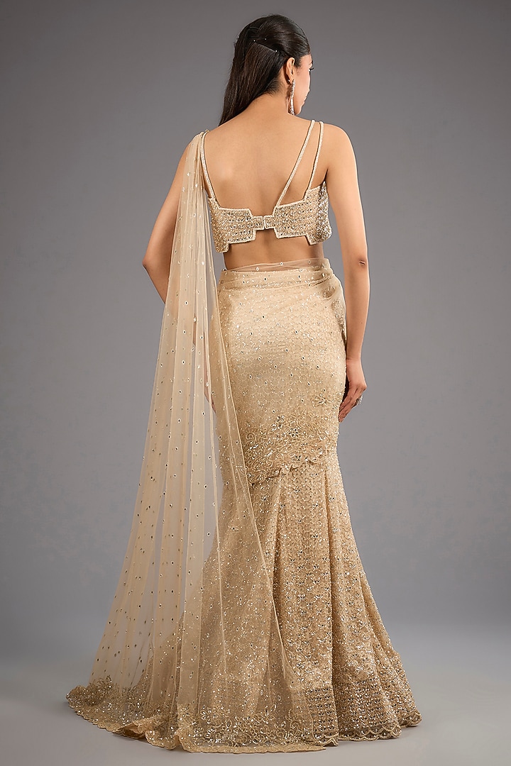Beige Gold Georgette Sequins Embroidered Fish-Cut Draped Skirt Bridal Saree Set by Sawan Gandhi at Pernia's Pop Up Shop