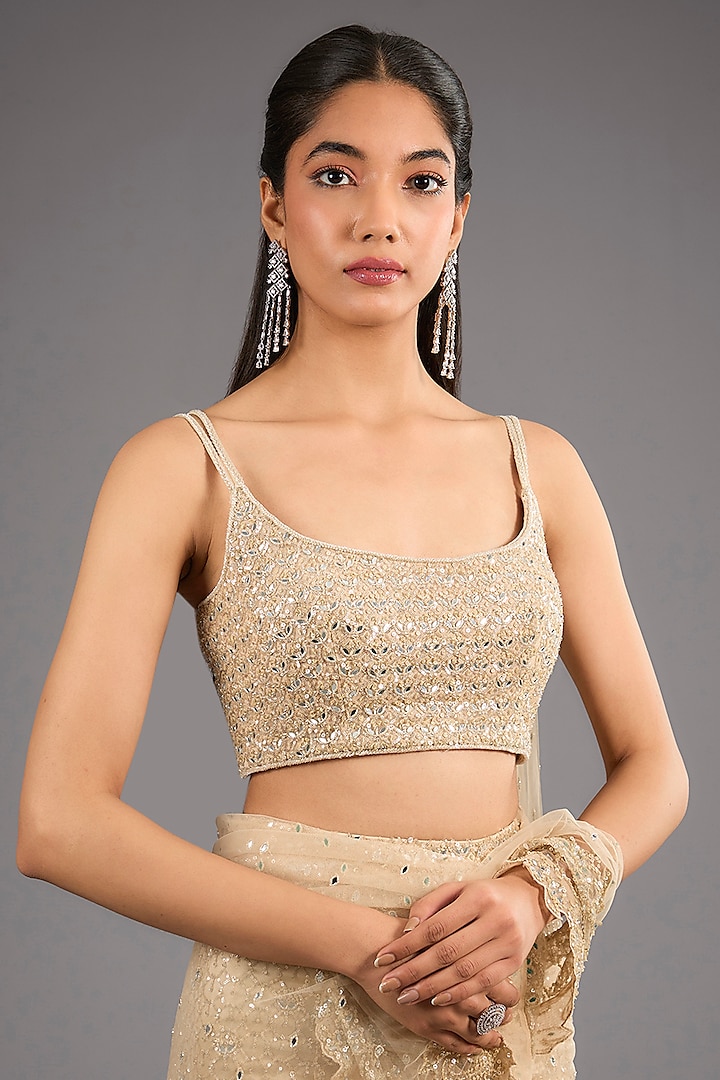 Beige Gold Georgette Sequins Embroidered Fish-Cut Draped Skirt Bridal Saree Set by Sawan Gandhi at Pernia's Pop Up Shop