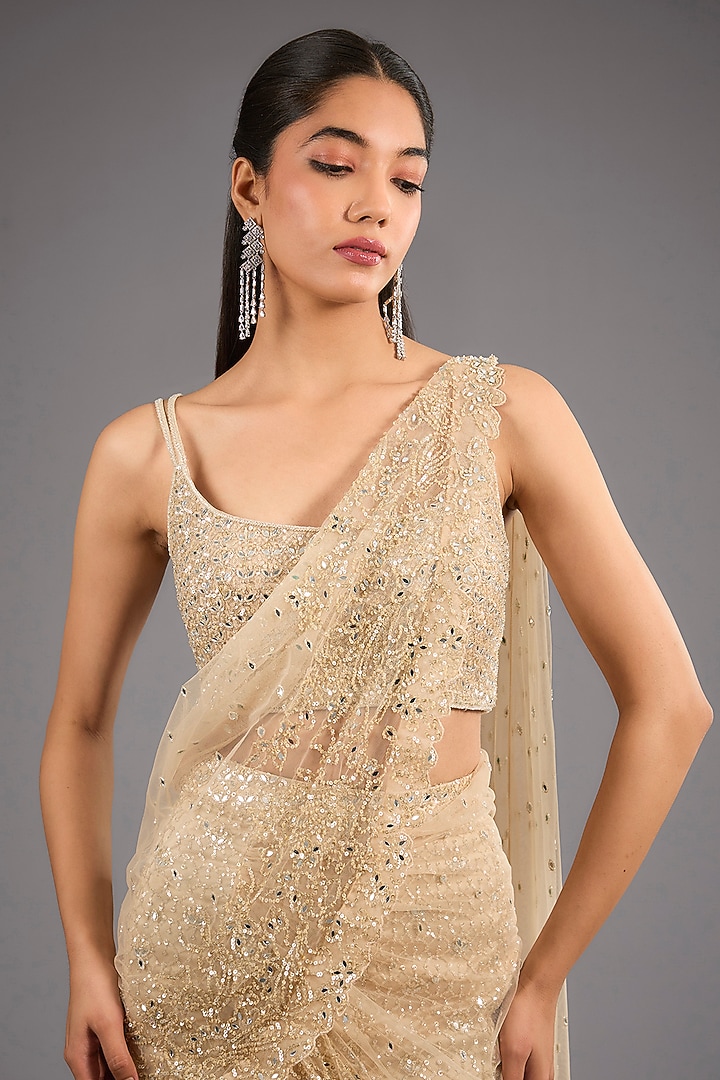 Beige Gold Georgette Sequins Embroidered Fish-Cut Draped Skirt Bridal Saree Set by Sawan Gandhi at Pernia's Pop Up Shop