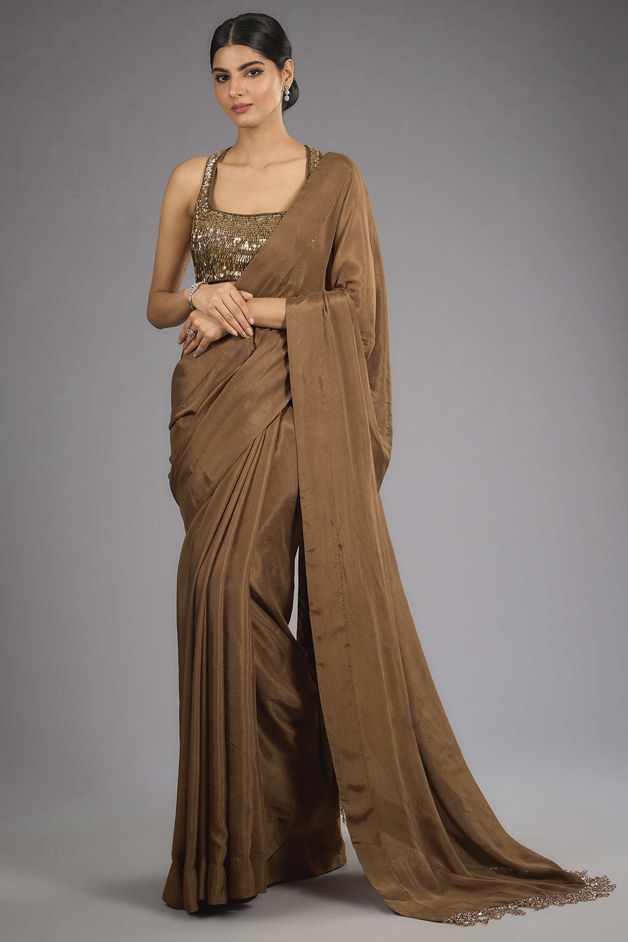 Coffee Gold Chiffon Wedding Saree Set by Sawan Gandhi at Pernia's Pop Up Shop