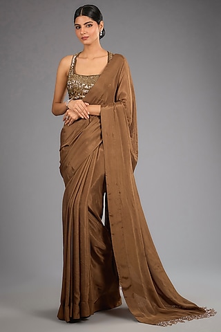 Coffee Gold Chiffon Saree Set by Sawan Gandhi