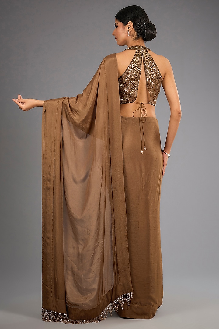 Coffee Gold Chiffon Wedding Saree Set by Sawan Gandhi at Pernia's Pop Up Shop