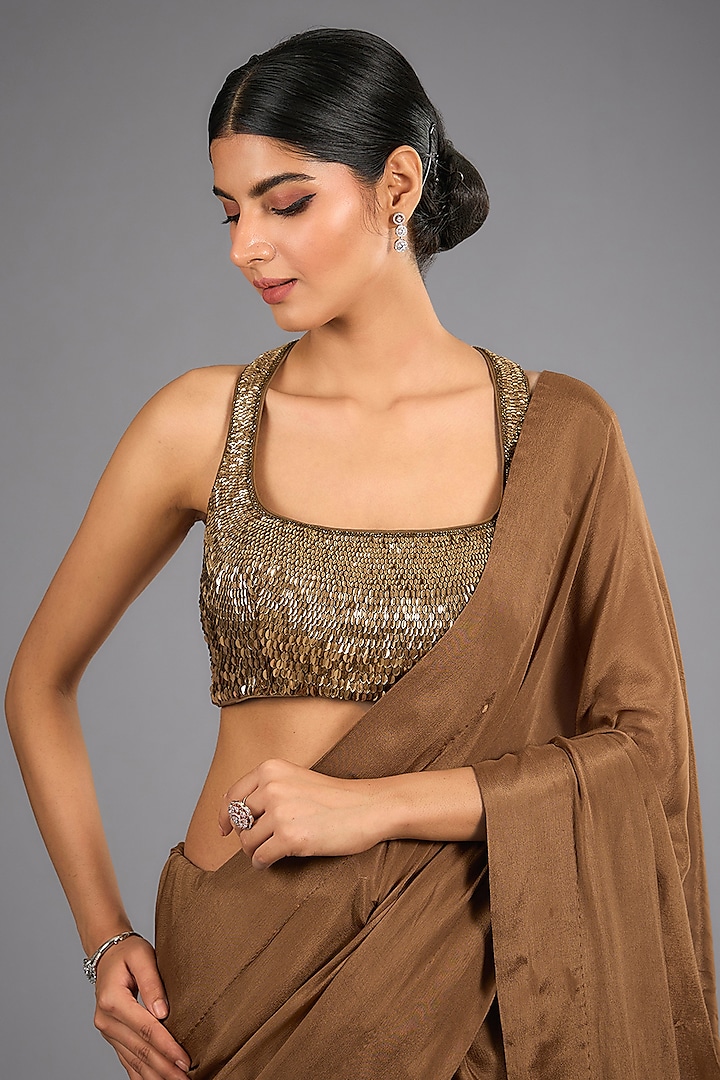 Coffee Gold Chiffon Wedding Saree Set by Sawan Gandhi at Pernia's Pop Up Shop