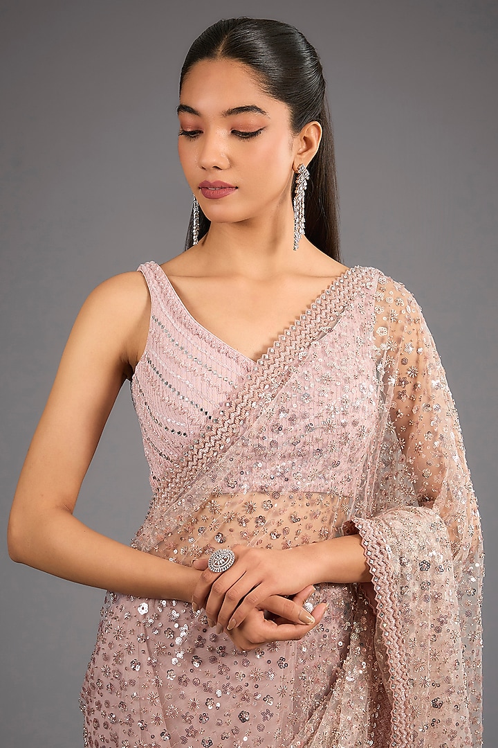 Blush Pink Net Cutdana & Sequins Work Bridal Saree Set by Sawan Gandhi at Pernia's Pop Up Shop