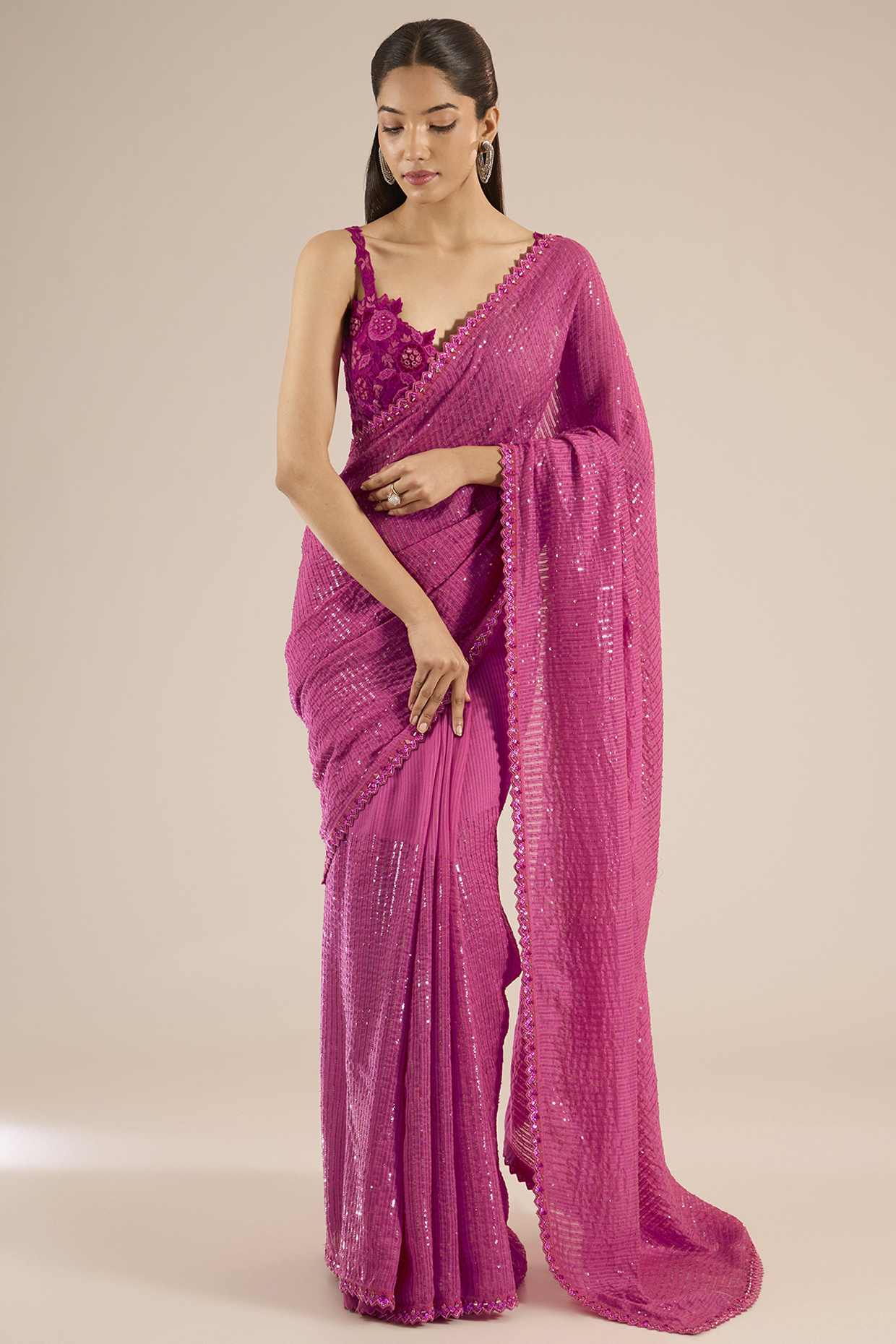 Fuchsia Pink Handloom Organza Sequins Work Reception Saree Set by Sawan Gandhi at Pernia's Pop Up Shop