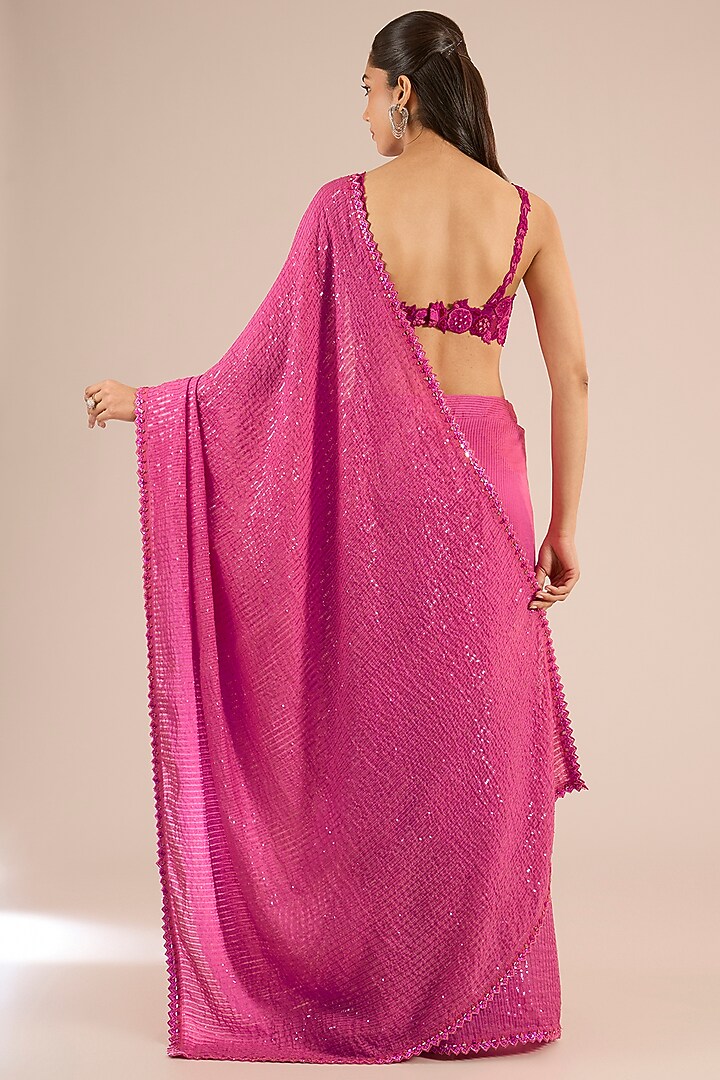 Fuchsia Pink Handloom Organza Sequins Work Reception Saree Set by Sawan Gandhi at Pernia's Pop Up Shop