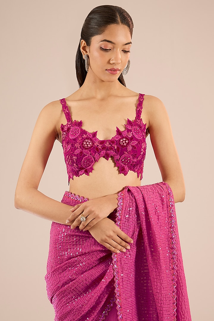 Fuchsia Pink Handloom Organza Sequins Work Reception Saree Set by Sawan Gandhi at Pernia's Pop Up Shop