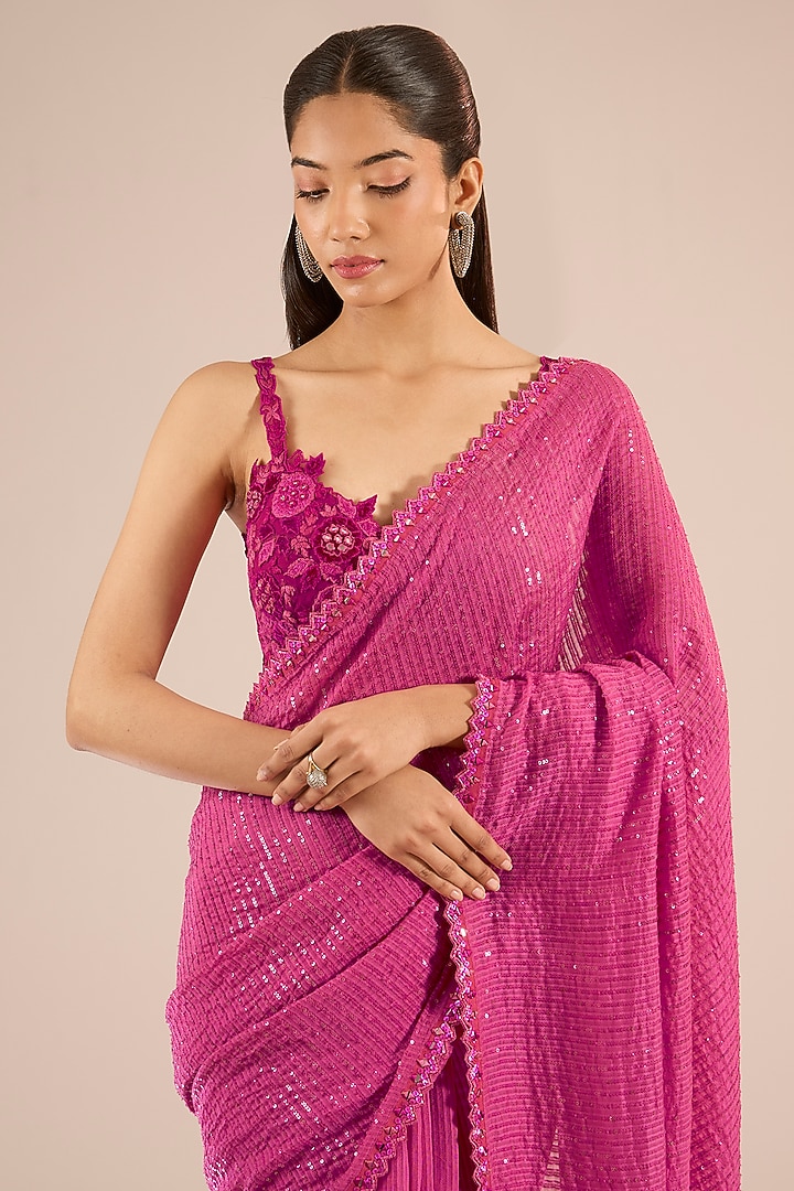 Fuchsia Pink Handloom Organza Sequins Work Reception Saree Set by Sawan Gandhi at Pernia's Pop Up Shop