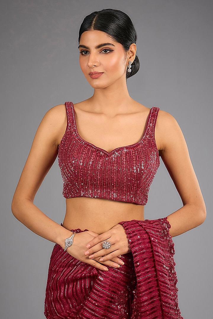 Red Handloom Organza Applique Work Bridal Saree Set by Sawan Gandhi at Pernia's Pop Up Shop