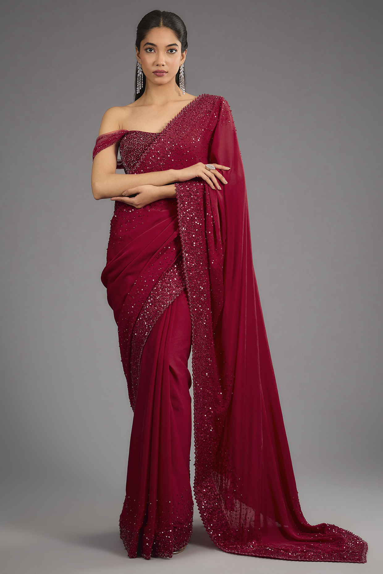 Red Satin Sequins Saree Set by Sawan Gandhi at Pernia's Pop Up Shop