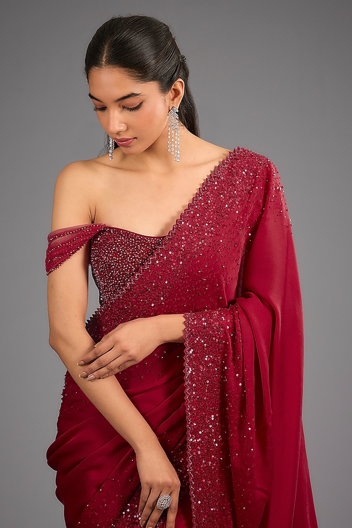 Red Satin Sequins Reception Saree Set by Sawan Gandhi at Pernia's Pop Up Shop