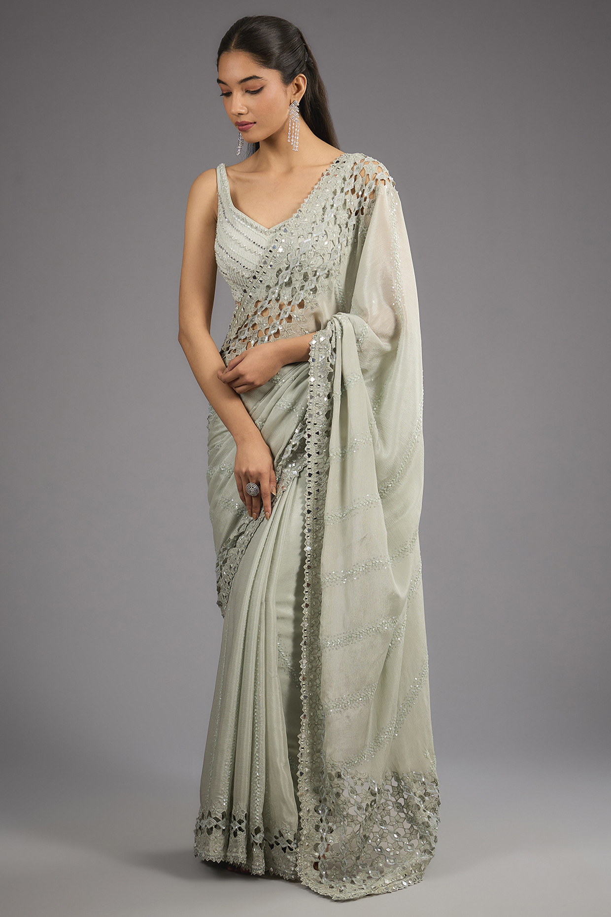 Sage Green Satin Cutdana Work Saree Set by Sawan Gandhi at Pernia's Pop Up Shop
