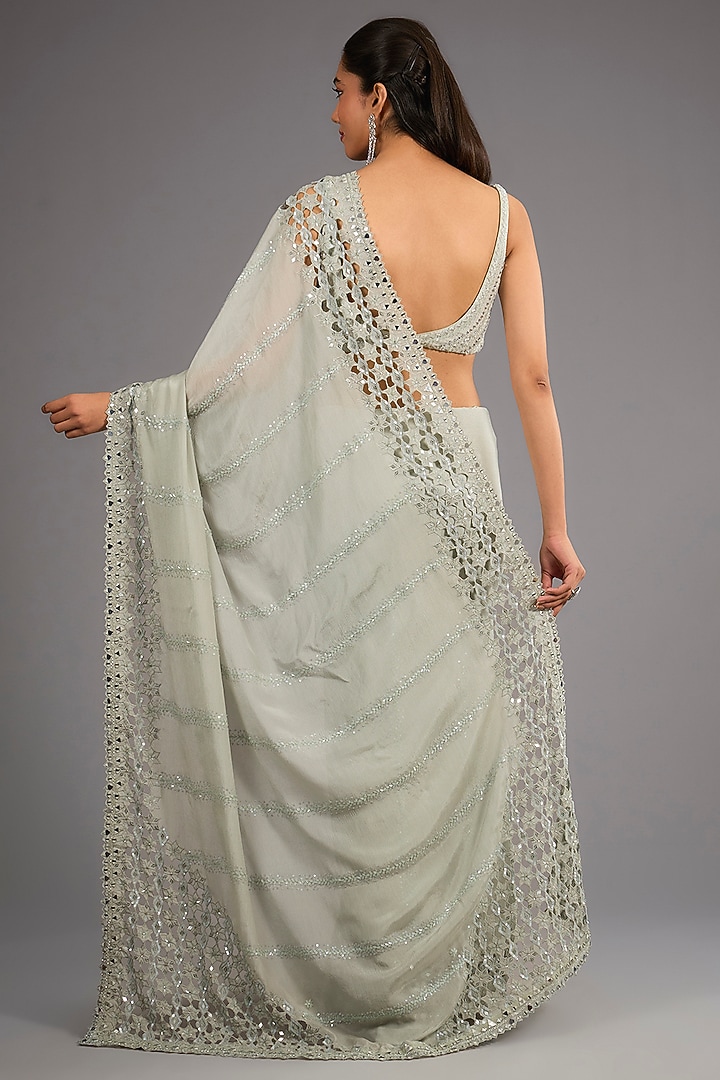 Sage Green Satin Cutdana Work Reception Saree Set by Sawan Gandhi at Pernia's Pop Up Shop