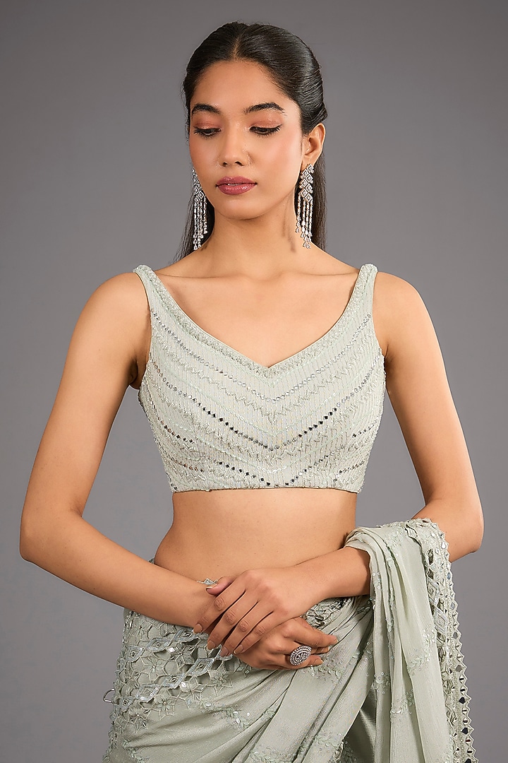 Sage Green Satin Cutdana Work Reception Saree Set by Sawan Gandhi at Pernia's Pop Up Shop