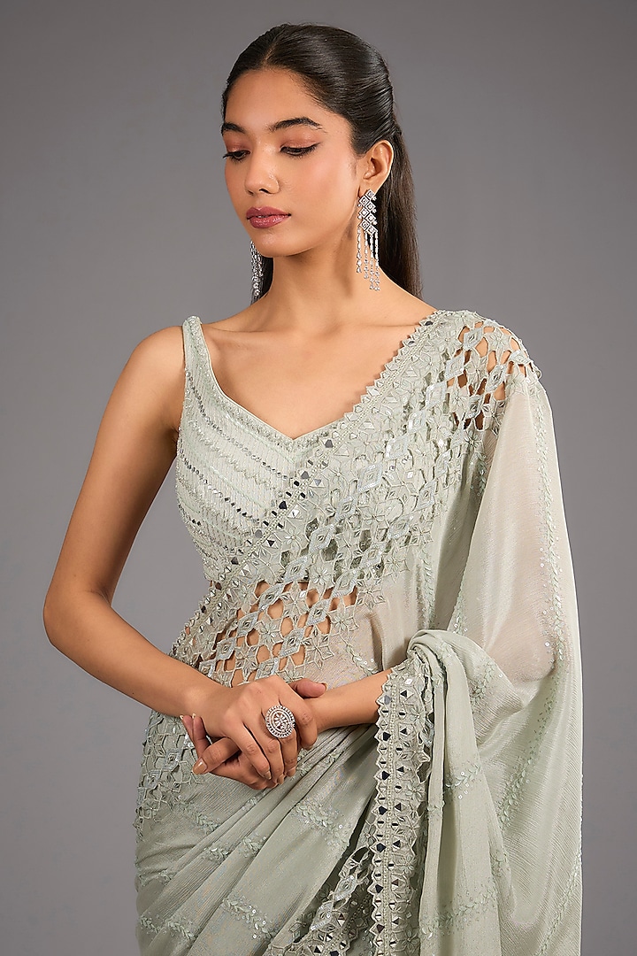 Sage Green Satin Cutdana Work Reception Saree Set by Sawan Gandhi at Pernia's Pop Up Shop