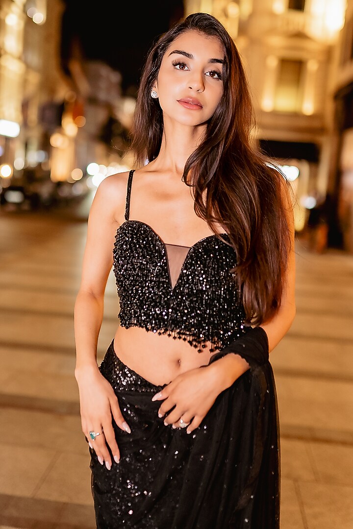 Black Georgette & Net Sequins Skirt Draped Bridal Saree Set by Sawan Gandhi at Pernia's Pop Up Shop