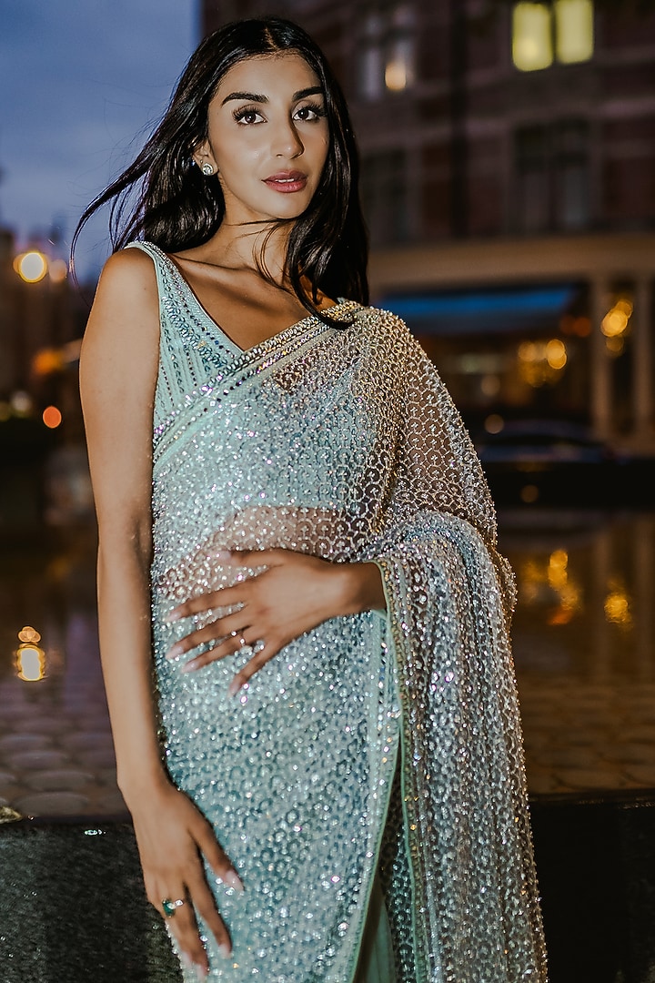 Sage Green Net Sequins Work Bridal Saree Set by Sawan Gandhi at Pernia's Pop Up Shop