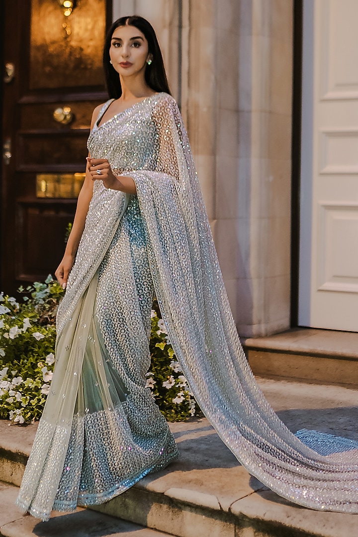 Sage Green Net Sequins Work Bridal Saree Set by Sawan Gandhi at Pernia's Pop Up Shop